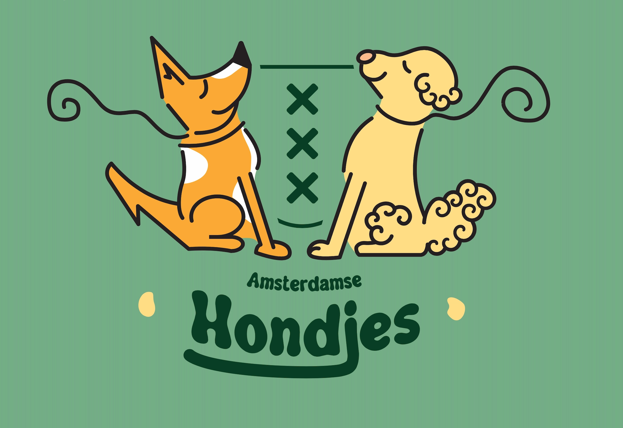 Logo en branding ontwerp voor Amsterdamse Hondjes. Het trotse van amsterdam komt er uit naar voren, gecombineerd met get lieflijke van de kleur groen en de illustratie stijl gemaakt door Pieter Eg van Studio Ronduit.