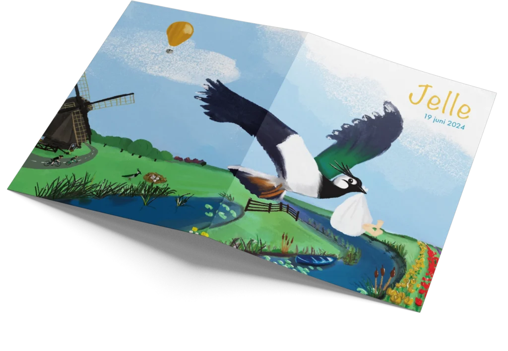 Illustratie en drukwerk door Studio Ronduit. Opengevouwen geboorte kaartje voor Jelle met een hollands landschap en een vogel erop. Het is een kievit.